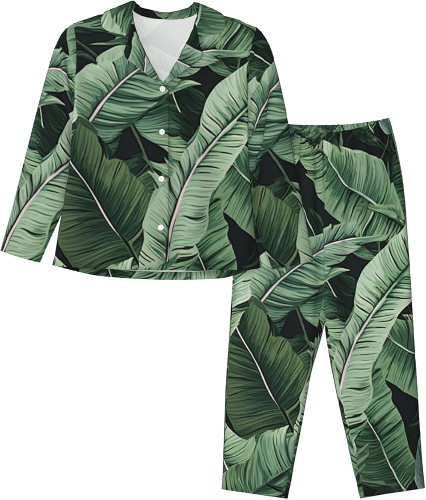 Palm Tree Leaves Womens Pajama Set Long Sleeve Button Sleepwear Soft 2 Piece Loungewear With Pocket Black