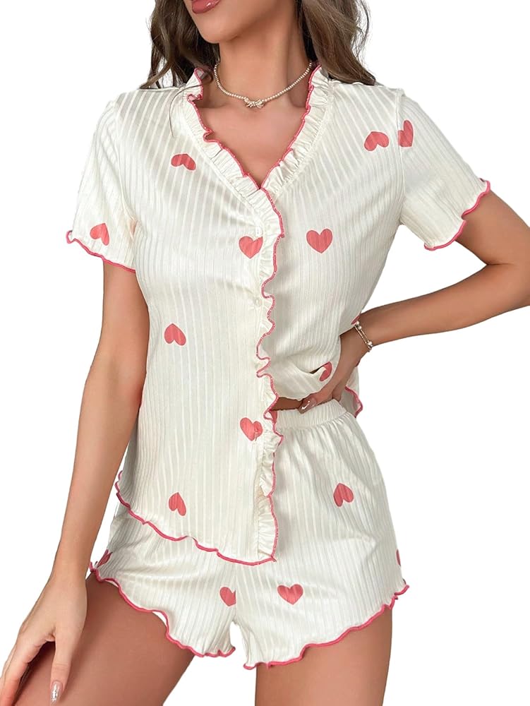 SOLY HUX Women's Sleepwear Heart Print Short Sleeve Button Down Shirt and Shorts Pajama Set Loungewear