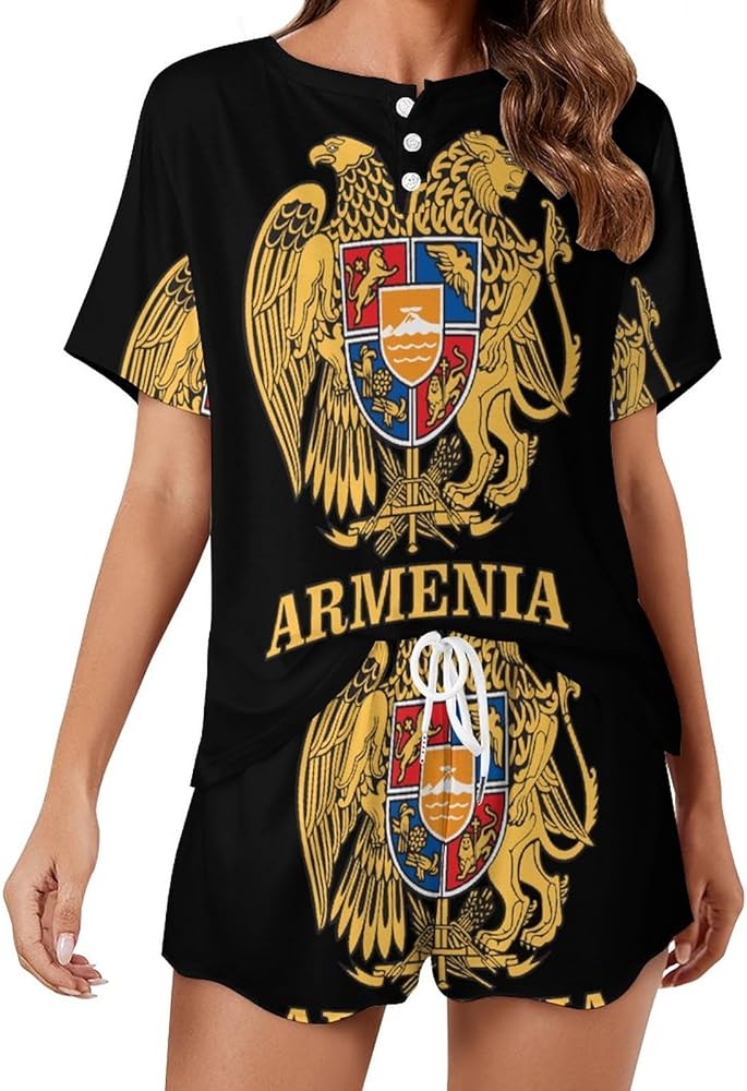 Coat of Arms of Armenia Classic Women's Pajamas Loungewear Set Loose Short Sleeve Sleepwear With Pockets