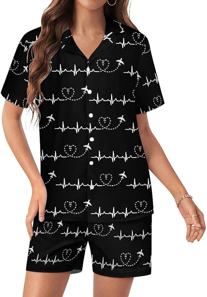 Airplane Pilot Heartbeat Womens Silk Satin Pajamas Set Short Sleeve Button-Down Sleepwear Loungewear Pj Set