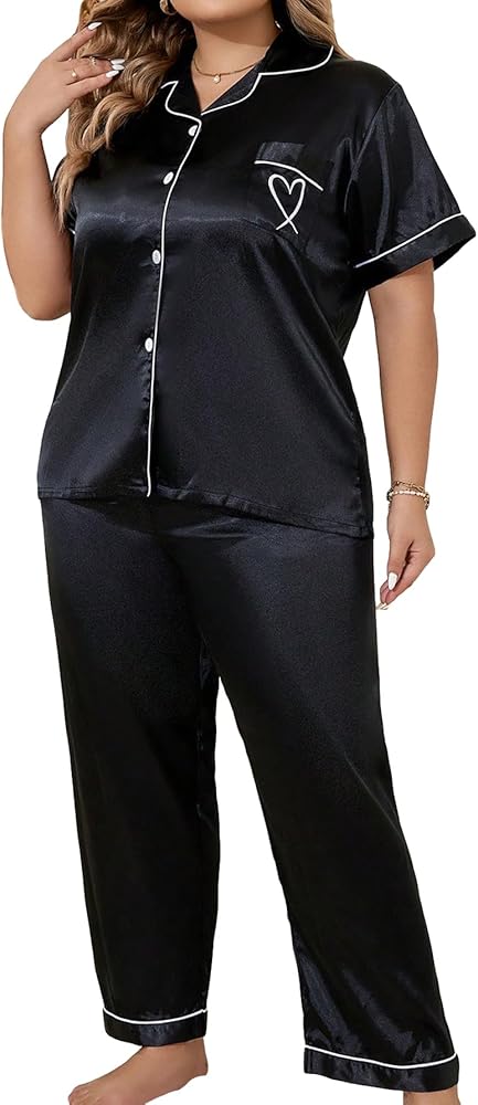 WDIRARA Women's Plus Size Sleepwear Heart Embroidery 2 Piece Pajama Set Satin Loungewear Shirt and Pants