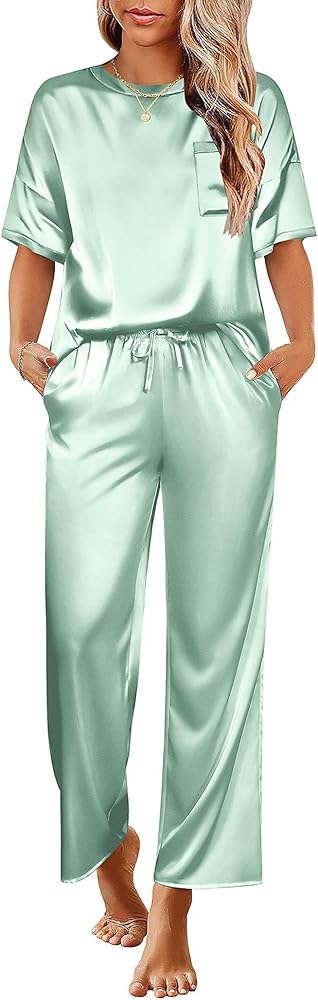 Ekouaer Womens Silk Pajamas Set Print Satin PJs Set Two Piece Pj Sets Sleepwear Loungewear Short Sleeve Lounge Set Aqua Green