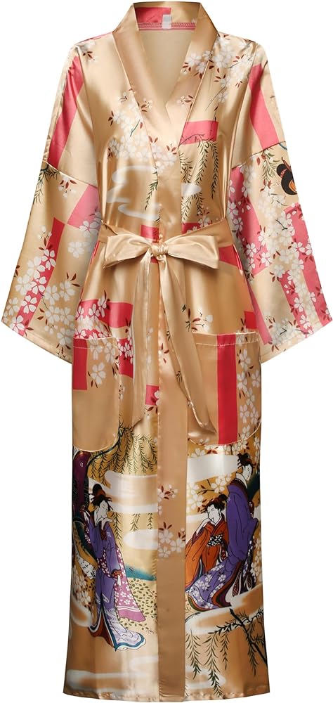 Women's Long Kimono Robe Floral Printed Satin Robe Silky Cover Up Sexy Bathrobe Sleepwear Bridesmaid Dressing Gown