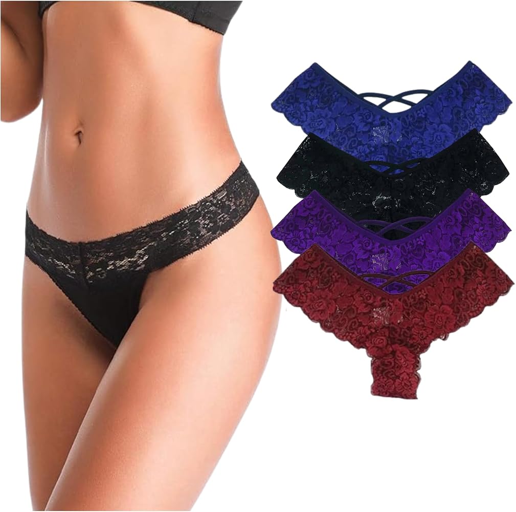 Lace Panties - Pack of 4 Soft Lace Thongs for Women, G String Panties, High Waist Wavy Sides See Through