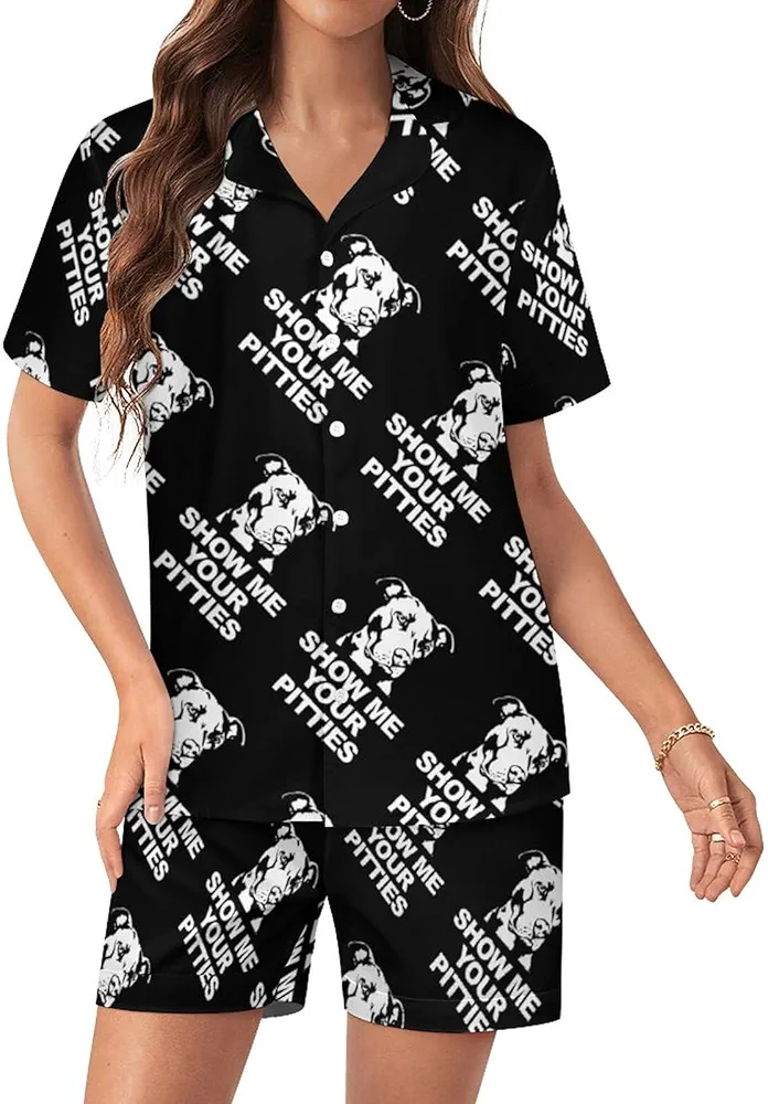 Show Me Your Pitties Pitbull Women's Silk Pajama Set Short Sleeve Sleepwear Loungewear Pj Set L