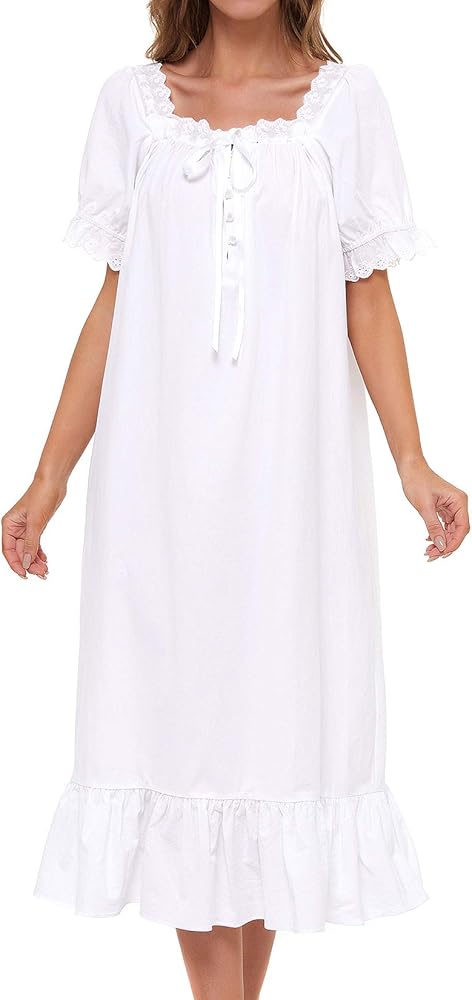 Lu's Chic Women's Victorian Nightgown Cotton Sleepwear Long Loungewear Short Sleeve Vintage