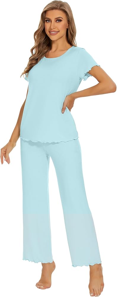 WiWi Pajamas Viscose from Bamboo for Women Soft Comfy Loungewear Short Sleeve Tops and Long Pants Sleepwear Pjs S-XXL