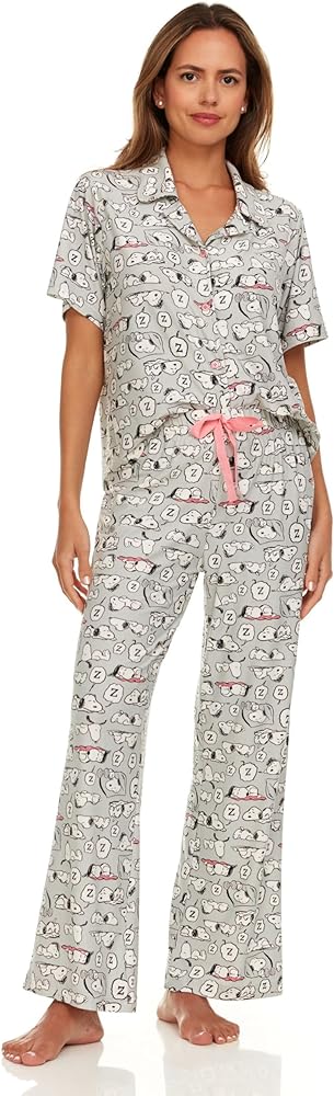 Peanuts Women’s Pajama Set, Soft Stretchy Pajamas with Pants and Short Sleeve, Notch Collar & Button Down Top