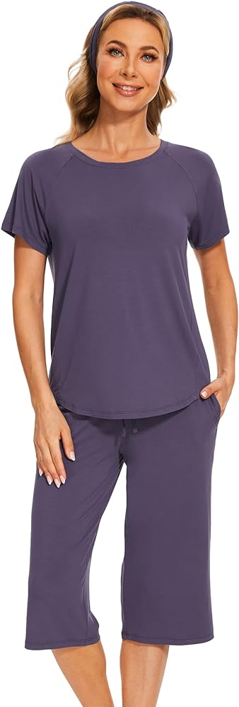 GYS Bamboo Viscose Capri Pajamas for Women Set Short Sleeve Sleepwear with Matching Headband