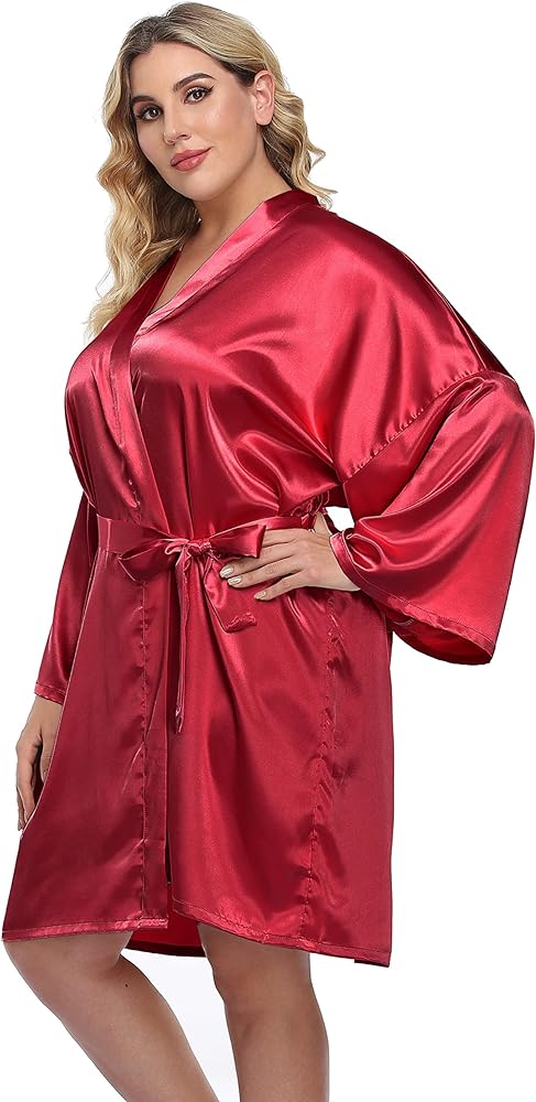 Women's Plus Size Satin Kimono Robes Short Silk Bathrobe Bridesmaid Wedding Party Nightgown Sleepwear