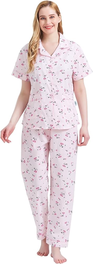 GLOBAL Pajama Set for Women Cotton Set Pjs Summer Pajamas Pants - Short-Sleeves