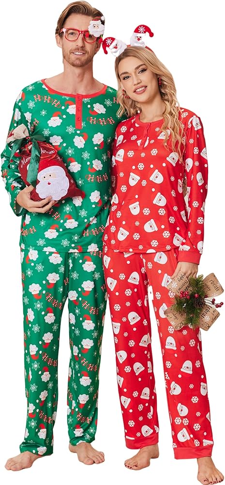 Ekouaer Couples Matching Chritsmas Pajamas Long Sleeve PJ Set Women and Men Holiday Sleepwear Cotton Jammies Print Tops and Pants