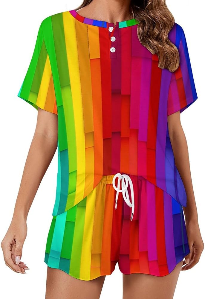 Gay Pride Flag Womens 2 Piece Outfits Casual Short Sleeve Pajamas Sets Sleepwear Nightgown