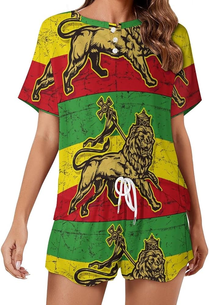 Lion of Judah Flag Classic Women's Pajamas Loungewear Set Loose Short Sleeve Sleepwear With Pockets