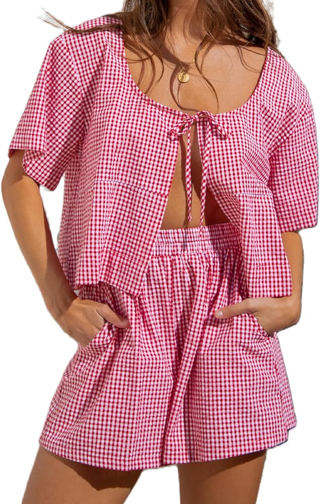 Women Y2k Tie Front Outfits Short Sleeve Lace Up Peplum Shirt and Shorts Lounge Set 2 Piece Gingham Pajama Set