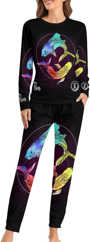 Pisces Zodiac Constellation Women's Pajama Set Long Sleeve Sleepwear Suit Pjs Lounge Set with Pocket