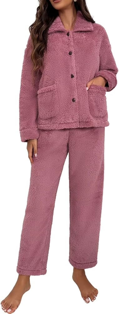 Women's Fuzzy Fleece Pajamas Set Flannel 2 Piece Winter Warm Button Down Pjs Sets Loungewear Sleepwear