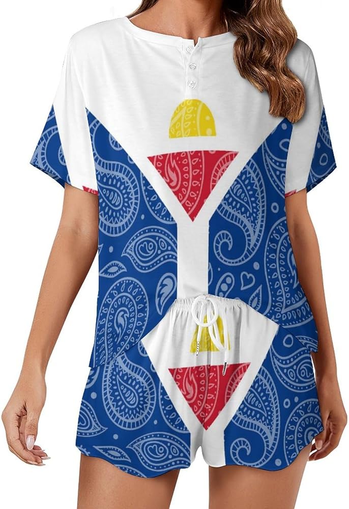 Paisley And French Saint Martin Flag Women's 2 Piece Pajamas Short Sleeve Shorts Sleepwear Set Causal Loungewear Home Suit 5XL