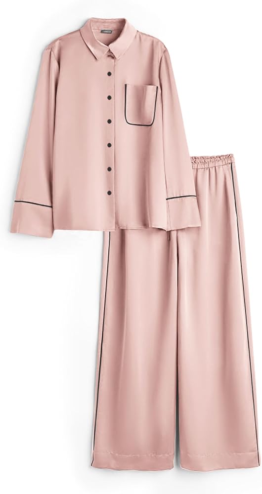 Ekouaer Silk Satin Pajama Sets Women Button Down Lounge Sets 2 Piece Sets Silky Pajama Long Pants Sleepwear with Pockets