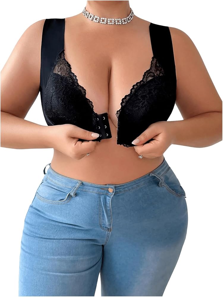 SOLY HUX Bras for Women Plus Size Lace Bra Front Closure Comfort Wireless Bra