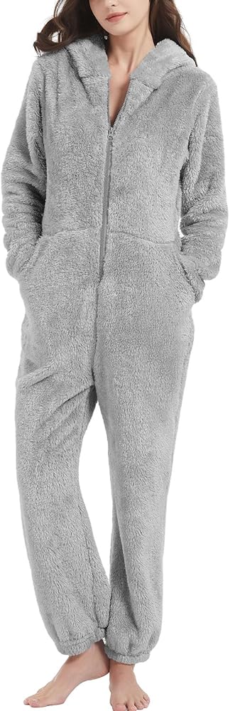 Flygo Womens Onesies Pajamas One Piece Hooded Adult Pajama Jumpsuit Winter Fuzzy Sleepwear