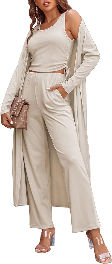 Ekouaer Women's 3 Piece Knit Lounge Set Pajama Long Sleeve Cardigan Sleeveless Top Pants Sweatsuit S-XXL