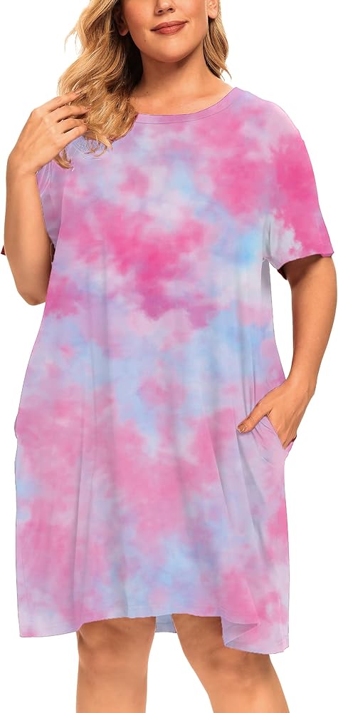 Plus Size Nightgowns Women Cute Printed Sleepwear Night Gown Dresses Sleep Shirts with Pockets