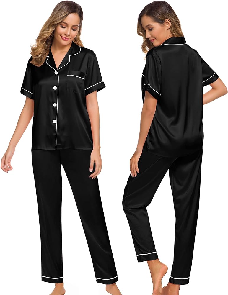 SWOMOG Women Satin Pajamas Set Short Sleeve Top & Pants Sleepwear Silky Button Down Nightwear 2pcs Loungewear Pjs Set