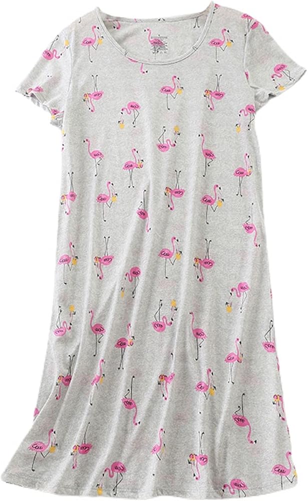 Women's Cotton Blend Nightgown Short Sleeve Cartoon Printed Sleep Dress Soft Summer Sleepwear Nightdress