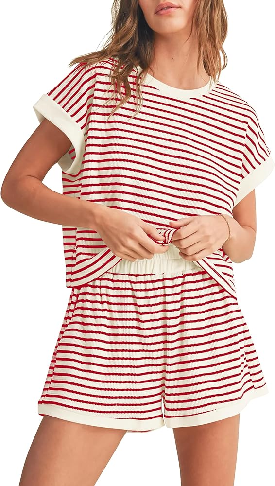 Women 2 Piece Summer Lounge Set Striped Short Sleeve T-Shirts And Shorts Matching Sets Pajama Sleepwear Outfits