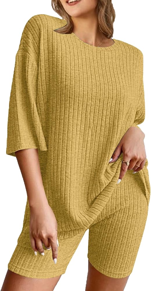 NORACORA Pajamas 2 Piece Lounge Sets Ribbed Knit for Women Matching T-shirt Shorts Outfits Sleepwear