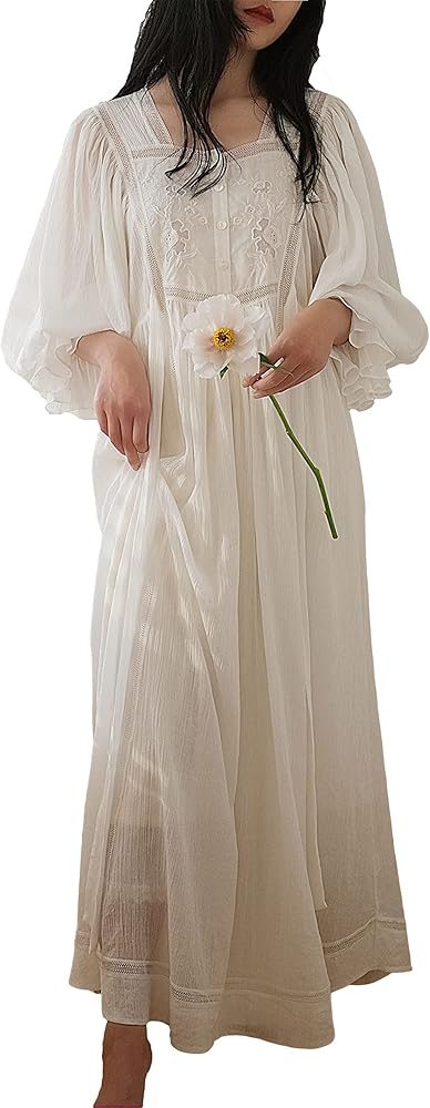 Cotton Linen Vintage Nightgowns for Women Victorian Sleepwear Princess Lounge Dress