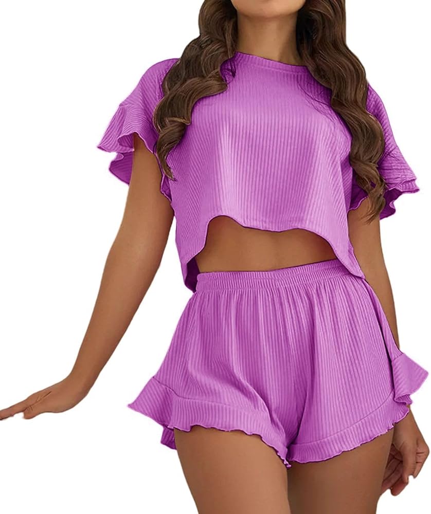 Womens Pajamas Shorts Set Ruffle Short Sleeve Lounge Set Crop Tank Top And Shorts Comfy 2 Piece Pjs Sleepwear Set