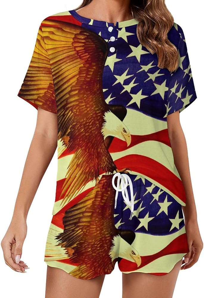 American Flag Bald Eagle Classic Women's Pajamas Loungewear Set Loose Short Sleeve Sleepwear With Pockets