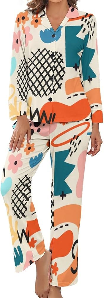 Womens Pajama Sets V Neck Shirt,Nightwear Lounge Pants with Pockets,Two-piece Graffiti Soft Women's Pajamas