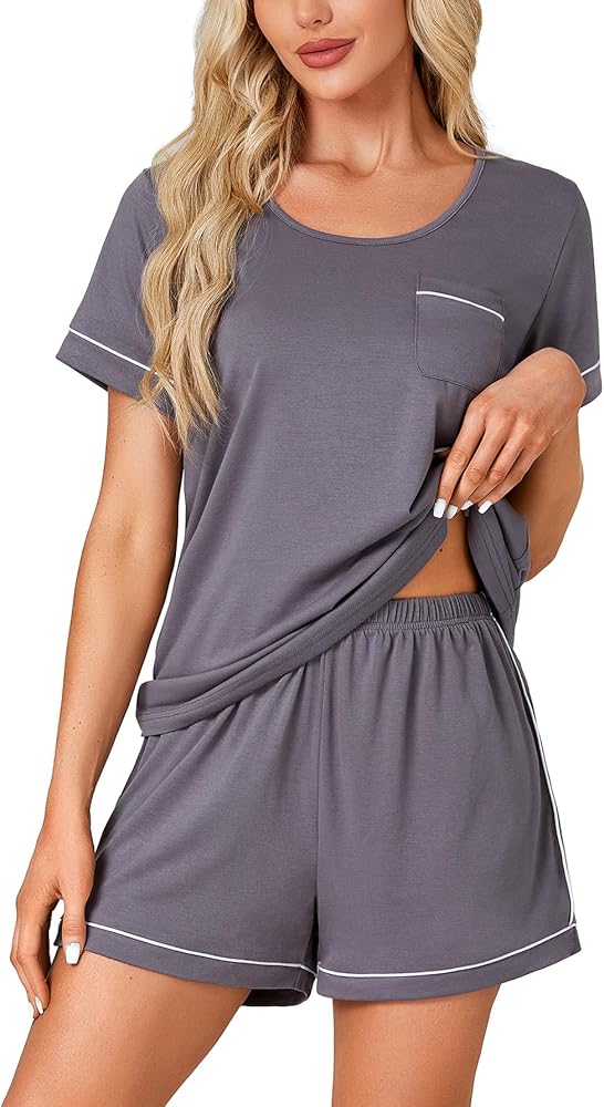 Rooscier Women's Pajama Set Short Sleeve Scoop Neck Pocket Top With Shorts Sleepwear