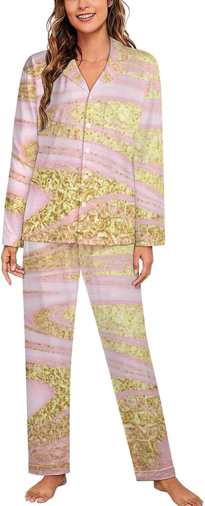 Pink with Golden Marble 2 Pcs Pajamas For Women Set Cuban Collar Long Sleeve Sleepwear Nightwear Loungewear