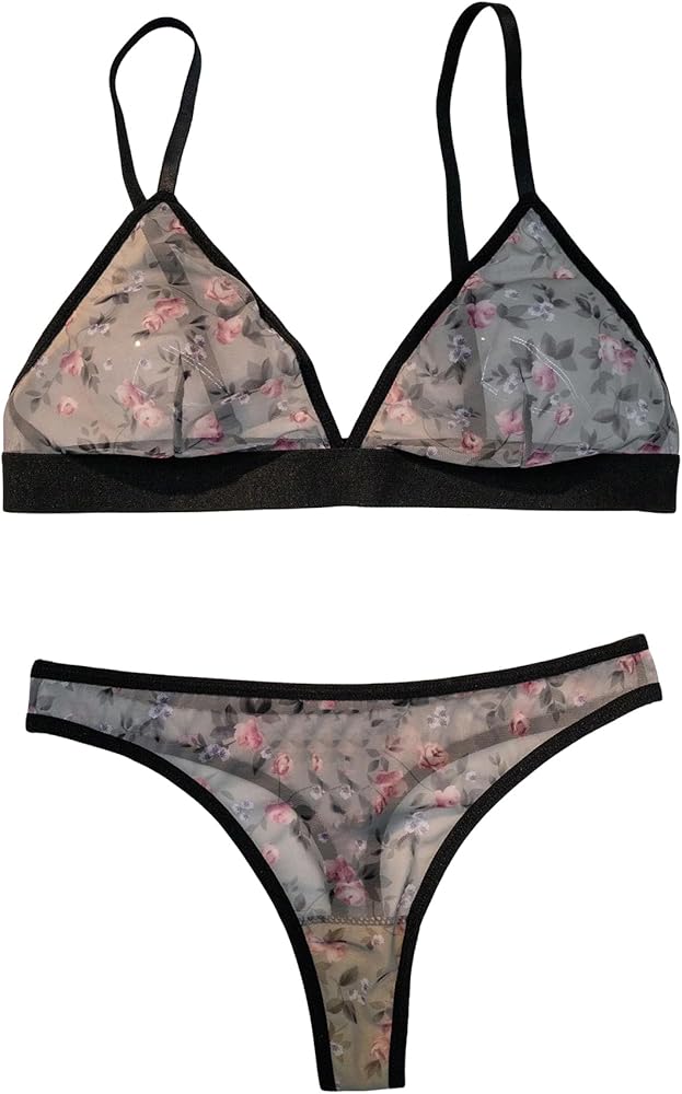 SOLY HUX Women's Lingerie Floral Print Mesh Sheer Bralette Bra and Panty Lingerie Set