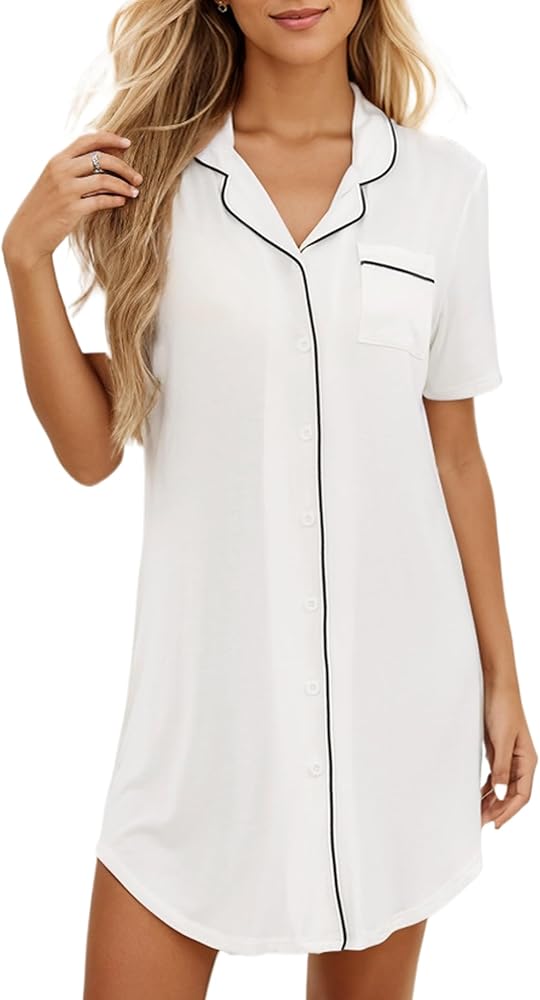 KCW Nightgown For Women Button Down Pajama Dress Short Sleeve Sleepwear