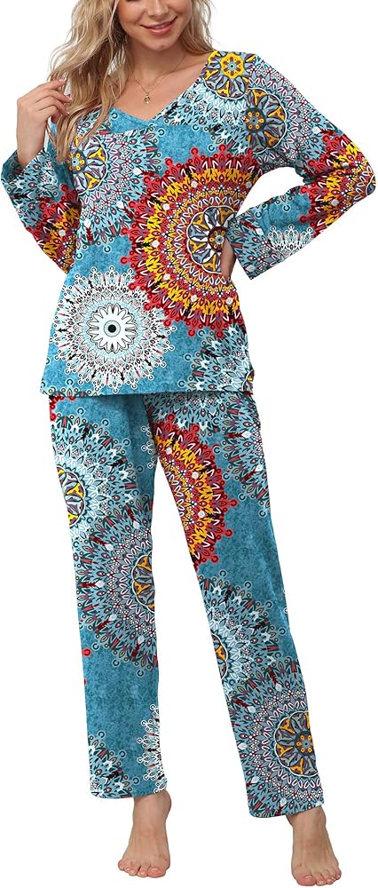 POKWAI 2024 Womens Pajama Sets Soft Comfy Long Sleeve Tops and Pants 2 Piece Pj Sleepwear with Pockets