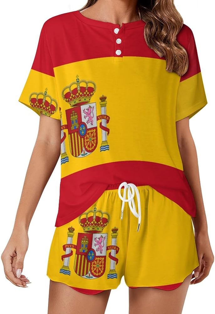 Flag of Spain Women's Pajama Set Summer Short Sleeve Shorts Sleepwear Set Casual Loungewear Sweatsuits Sets