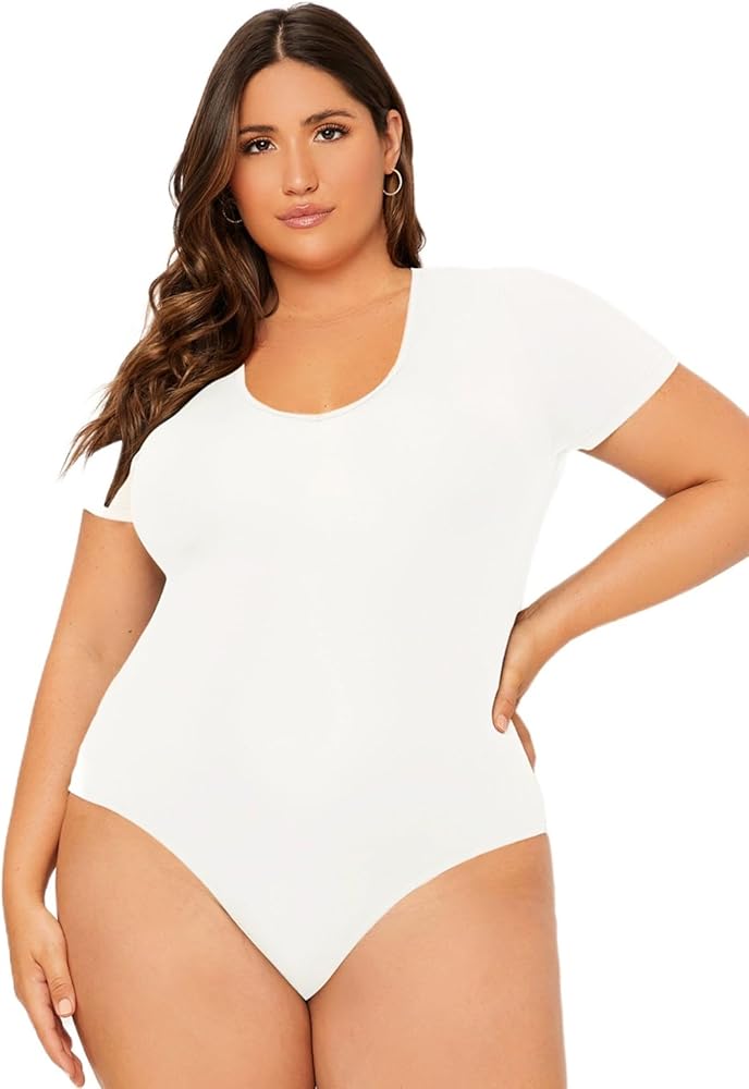 SOLY HUX Womens Plus Size Bodysuit Scoop Neck Short Sleeve Shapewear Bodysuit Shirts Summer Tops