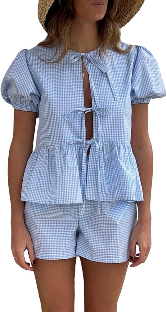 Women 2 Piece Pajama Set Tie Front Short Puff Sleeve Peplum Top + High Waist Gingham Shorts Lounge Outfits Sleepwear