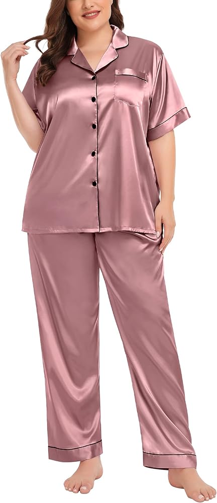 SWOMOG Women's Plus Size Pajamas Silk Satin Pajama Set Short Sleeve Shirt with Full-Length Pants Pjs Sleepwear Set 18W-26W