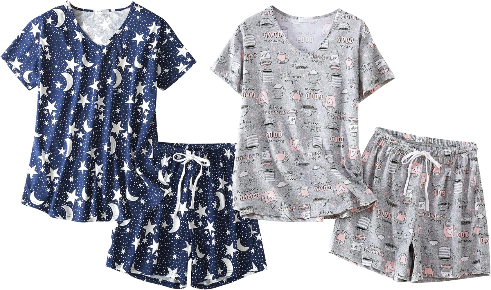 PNAEONG 2 Pack Womens Pajama Sets, Cotton Pj Set Short Sleeve Top with Capri Shorts Sleepwear 2 Piece Lounge Set S-3XL