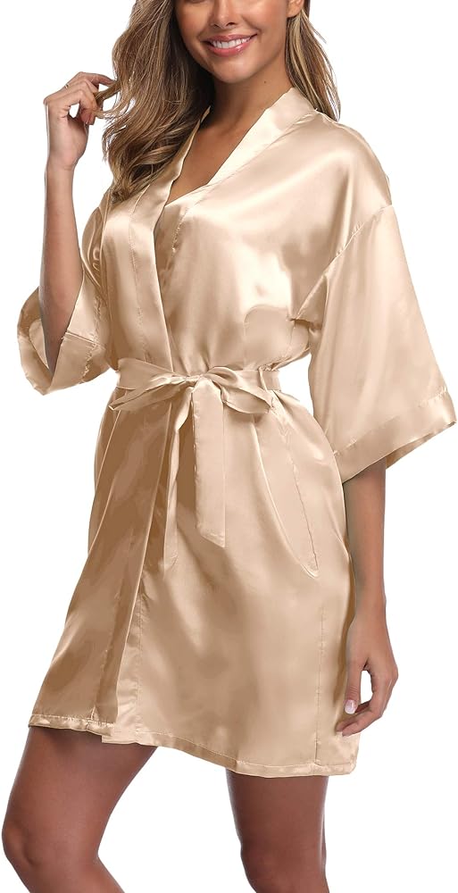 Women's Short Satin Robe Kimono Bride Bridesmaid Bathrobe Getting Ready Robe Soft Sleepwear