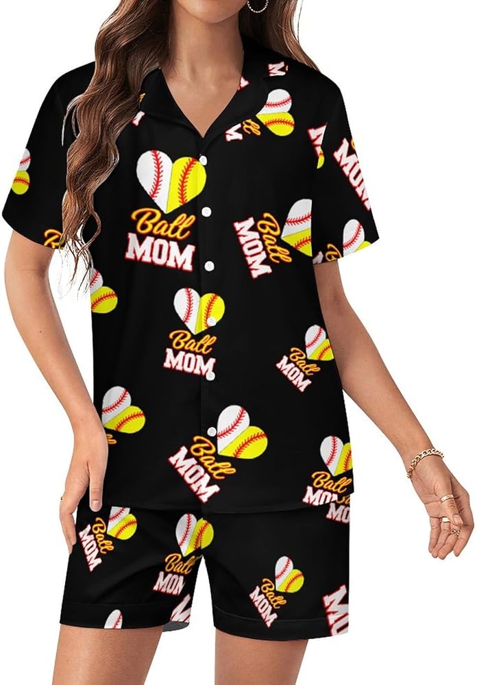 Funny Ball Mom Softball Baseball Womens Silk Satin Pajamas Set Short Sleeve Button-Down Sleepwear Loungewear Pj Set