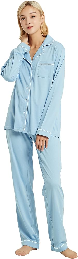 100% Cotton Pajama Set for Women Long Sleeve Womens Sleepwear Button Down NightWear Soft Pj Lounge Sets