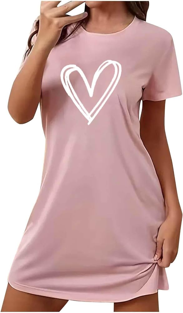 Love Heart Print Nightgowns for Women Short Sleeve Crewneck Tunic Nightshirts Loungewear Pajama Dress Soft Sleepwear