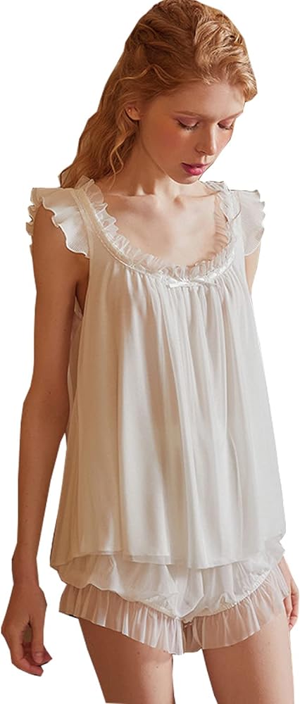 Women's Vintage 2 Pcs Sleepwear Bridal Pajamas Sets Victorian Nightwear Princess Chemises Nighties